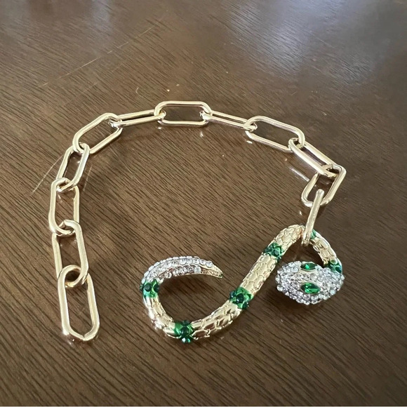 Gold Snake CZ Pave Bracelet with Paperclip Elongated Oval Link Chain - Picture 4 of 4